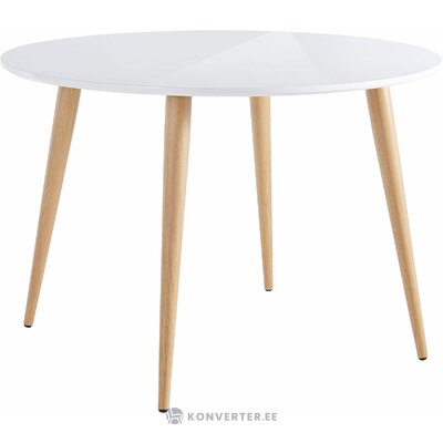 Round white high-gloss dining table with aspen blemishes