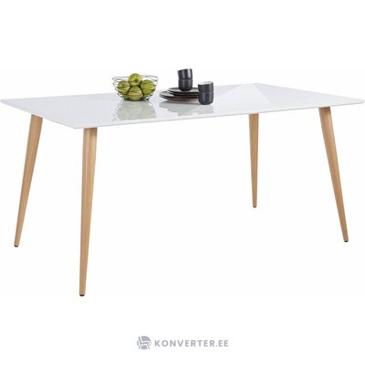 Valkoinen korkeakiiltoinen ruokapöytä 160x80cm haapa, jossa virheitä