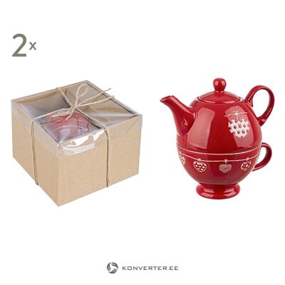 Teekannu ja kuppi (jovial rosso) kokonaisena laatikossa