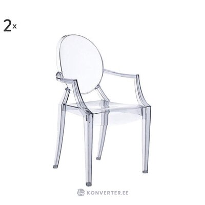 Skaidraus dizaino kėdės vaiduoklis (kartelė) su grožio trūkumais.
