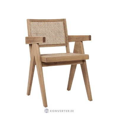 Šviesiai rudo dizaino kėdė (partizaninė) su grožio trūkumais.