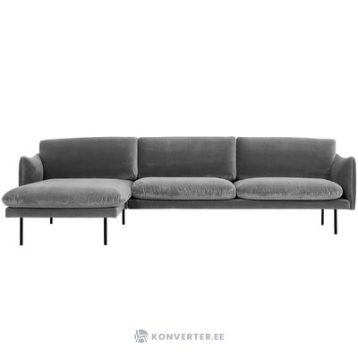 Pilkos spalvos aksominė kampinė sofa (moby) mažas kosmetinis defektas