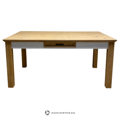 Обеденный стол из массива дерева коричнево-белого цвета с ящиком (сельма)