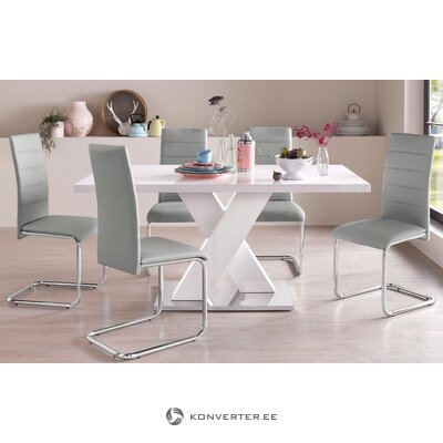 Baltu, spīdīgu pusdienu galda komplekts (160x90) + 4 pelēki mīksti krēsli (Adora)