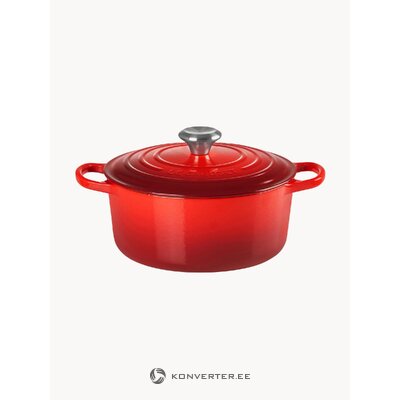 Valurautainen pyöreä paahtimen tunnuskokoelma (le creuset) ehjä