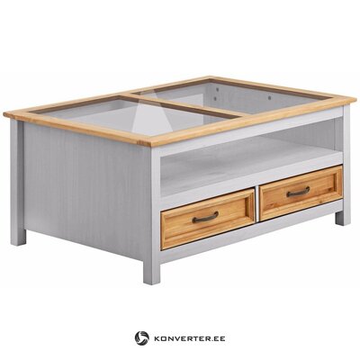 Gray-brown solid wood coffee table with glass and 2 drawers (back)
