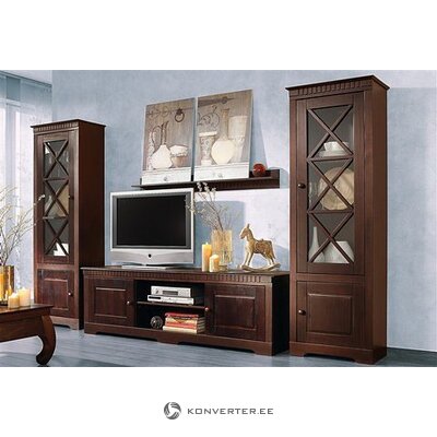 Set dark brown solid wood TV cabinet (additional) + 2 dark brown solid wood display cabinet (additional)