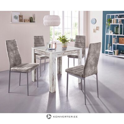 Antikvarinio baltojo valgomojo stalo komplektas (80x80) (Lynn) + 4 pilkos minkštos kėdės (viršelis)