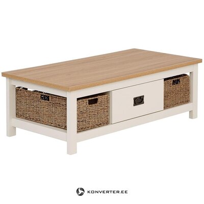 Brown-white solid wood coffee table with 1 drawer and 2 baskets with blemishes