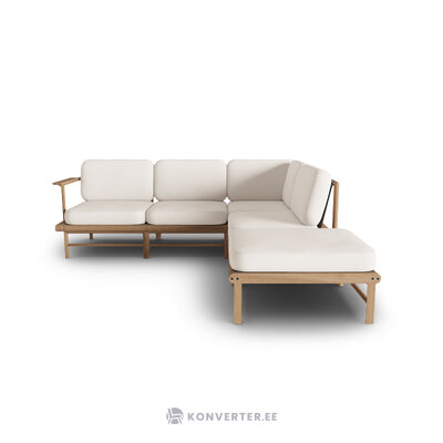 Lauko kampinė sofa &quot;belize&quot; balta, struktūrinio audinio, natūralaus uosio medienos, geriau