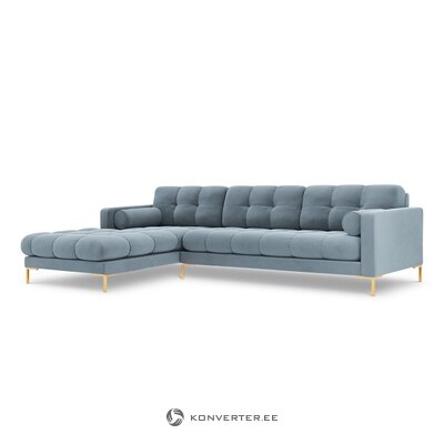 Stūra dīvāns (bali) kosmopolītiska dizaina gaiši zils, samts, zelta metāls, kreisi