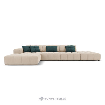 Aksominė sofa (luc) smėlio spalvos, aksominė, juoda plastikinė, kairėje