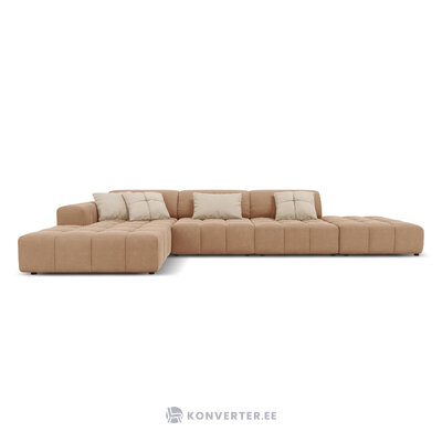 Aksominė sofa (luc) tamsiai smėlio spalvos, aksominė, juoda plastikinė, kairėje