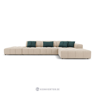 Aksominė sofa (luc) smėlio spalvos, aksominė, juoda plastikinė, geriau