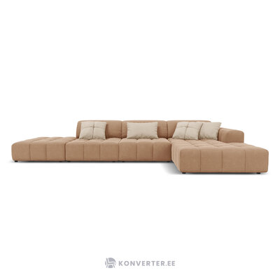 Aksominė sofa (luc) tamsiai smėlio spalvos, aksominė, juoda plastikinė, geriau