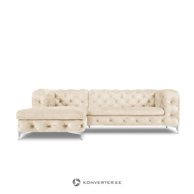 Угловой диван (франк) интерьер 86 светло-бежевый, бархат, серебристый металл, левый