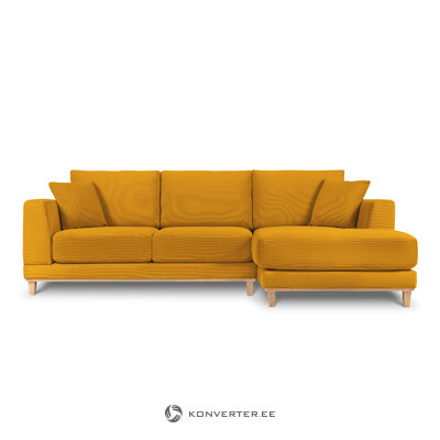 Kampinė sofa (clemence) interieurs 86 geltona, aksominė, natūralaus buko mediena, geresnė