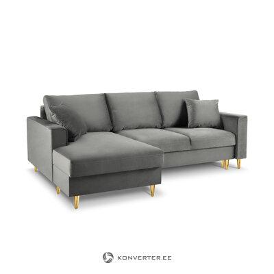 Kampinė sofa-lova (cartadera) mazzini sofos šviesiai pilka, aksominė, aukso spalvos metalas, kairėje
