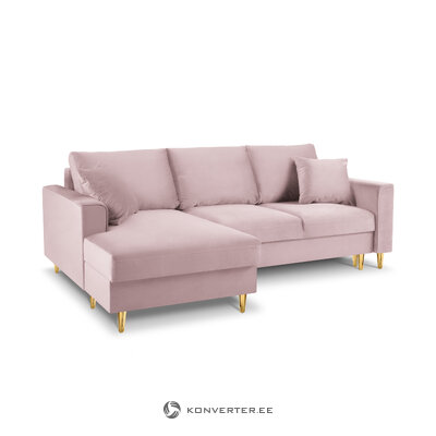 Kampinė sofa-lova (cartadera) mazzini sofos levandų, aksomo, aukso metalo, kairėje