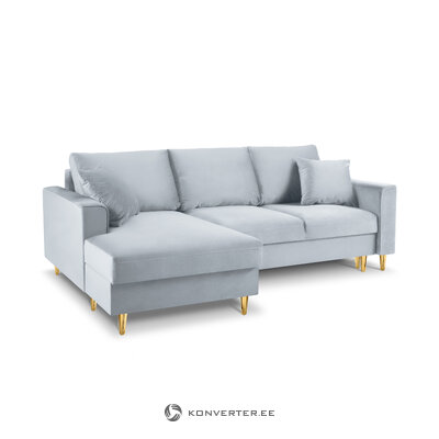 Kampinė sofa-lova (cartadera) mazzini sofos šviesiai mėlyna, aksominė, auksinė metalinė, kairė