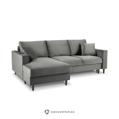 Kampinė sofa-lova (cartadera) mazzini sofos šviesiai pilka, aksominė, juoda chromo metalinė, kairė