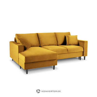 Kampinė sofa-lova (cartadera) mazzini sofos geltona, aksominė, juoda chromo metalinė, kairė