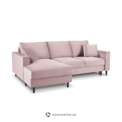 Kampinė sofa-lova (cartadera) mazzini sofos levandų, aksomo, juodo chromo metalo, kairėje