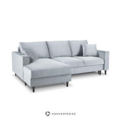 Kampinė sofa-lova (cartadera) mazzini sofos šviesiai mėlyna, aksominė, juoda chromo metalinė, kairė