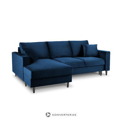 Kampinė sofa-lova (cartadera) mazzini sofos tamsiai mėlyna, aksominė, juodas chromuotas metalas, kairėje