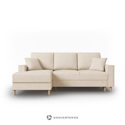 Kampinė sofa-lova (cartadera) mazzini sofos smėlio spalvos, aksomo, natūralaus buko medienos, kairėje