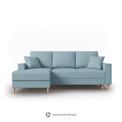 Kampinė sofa-lova (cartadera) mazzini sofos šviesiai mėlyna, aksominė, natūralaus buko mediena, kairė