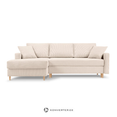 Kampinė sofa-lova (rožinė) mazzini sofos smėlio spalvos, aksomo, natūralaus buko medienos, kairėje