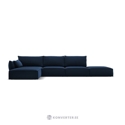 Kampinė sofa &#39;vanda&#39; giliai mėlyna, aksominė, juoda plastikinė, kairė