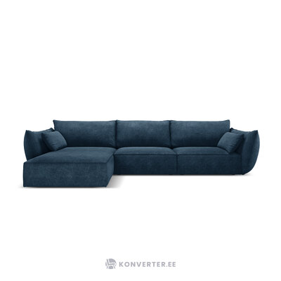 Kampinė sofa &#39;vanda&#39; giliai mėlyna, šenilinė, juoda plastikinė, kairė