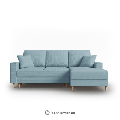 Kampinė sofa-lova (cartadera) mazzini sofos šviesiai mėlyna, aksominė, natūralaus buko mediena, geresnė