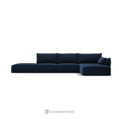 Kampinė sofa &#39;vanda&#39; giliai mėlyna, aksominė, juoda plastikinė, geriau