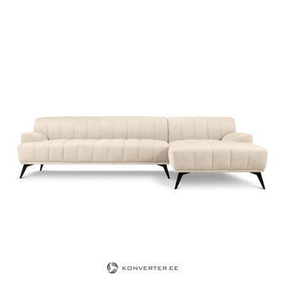 Kampinė sofa (dalia) mazzini sofos šviesiai smėlio spalvos, aksomo, juodo metalo, geriau