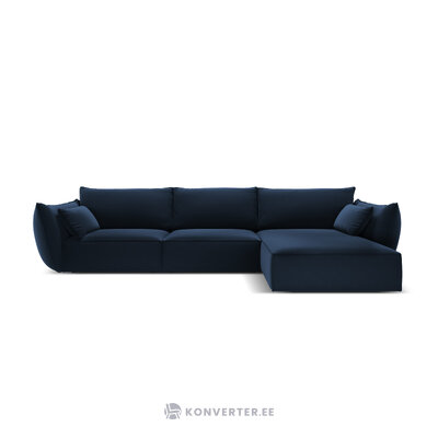 Kampinė sofa &#39;vanda&#39; giliai mėlyna, aksominė, juoda plastikinė, geriau