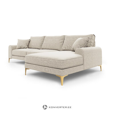 Kampinė sofa (madara) mazzini sofos šviesiai smėlio spalvos, struktūrinio audinio, aukso metalo, geriau