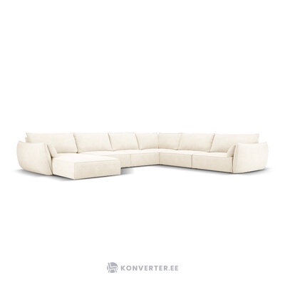 Panoraminė kampinė sofa &#39;vanda&#39; šviesiai smėlio spalvos, šenilinė, juodo plastiko, geriau