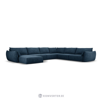 Panoraminė kampinė sofa &#39;vanda&#39; giliai mėlyna, šenilinė, juodo plastiko, geriau