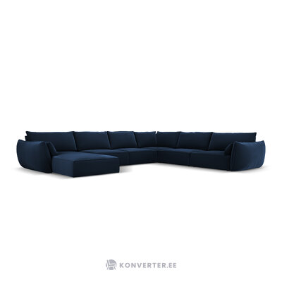 Panoraminė kampinė sofa &#39;vanda&#39; sodri mėlyna, aksominė, juoda plastika, geriau