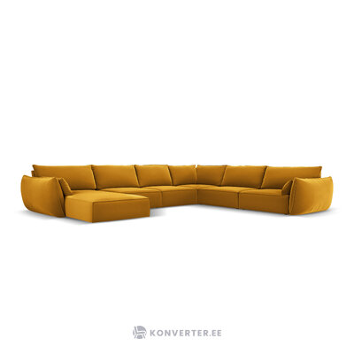 Panoraminė kampinė sofa &#39;vanda&#39; geltona, aksominė, juoda plastikinė, geriau