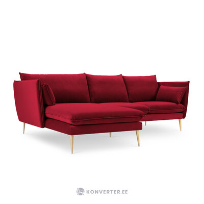 Kampinė sofa agatas, 4-vietė (micadon home) raudona, aksominė, aukso spalvos metalas, kairėje