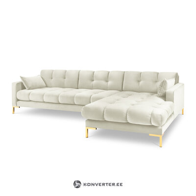 Kampinė sofa mamaia, 5-vietė (micadoni home) aksominė, auksinė metalinė, geresnė, šviesiai smėlio spalvos