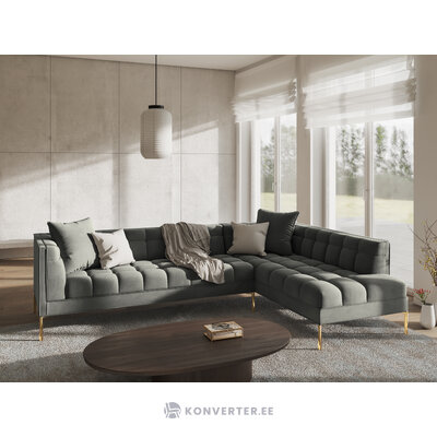 Угловой диван в клетку, 5-местный (микадони домашний) светло-серый, бархат, золотой металл, правый