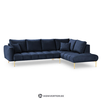 Malvin kampinė sofa, 5-vietė (micadoni home) tamsiai mėlyna, aksominė, auksinė metalinė, dešinė