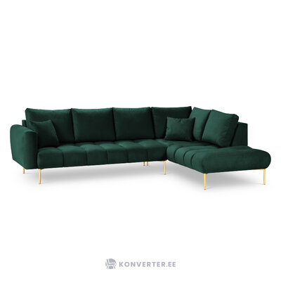 Мальвин угловой диван, 5-местный (микадони домашний) бутылочно-зеленый, бархат, золотой металл, лучше