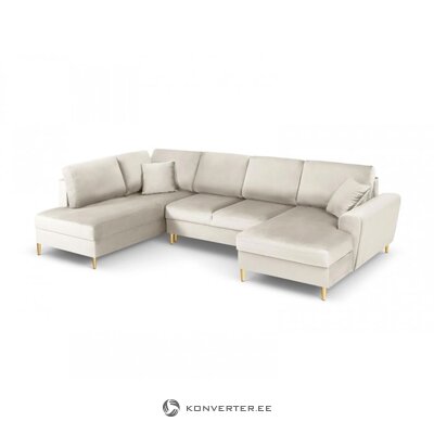 Kampinė sofa moghan, 4-vietė (micadoni home) (kopija) smėlio spalvos, aksominis, auksinis metalas, kairėje