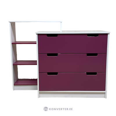 White-purple dresser with 3 drawers and 3 shelves with cosmetic defects